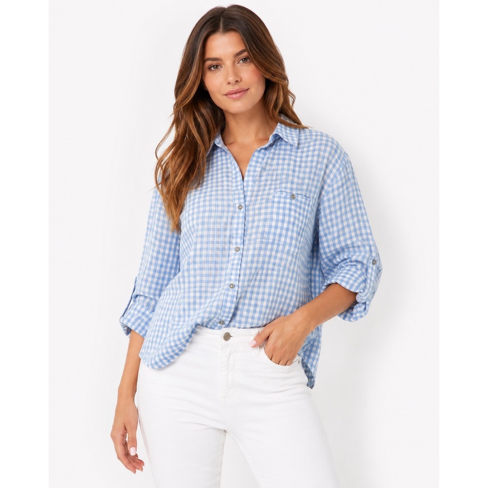 KUT from the Kloth Blue Gingham Button Up Shirt Preppy Coastal Cottagecore L